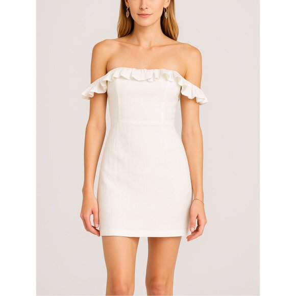 By The Way. New  Off Shoulder Linen Mini Dress Women’s XS Neutral Ruffle - Picture 1 of 10